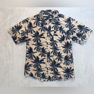 LRG Y2K Shirt Mens Small Beige Palm Tree Hawaiian Button Up Casual Beach Summer